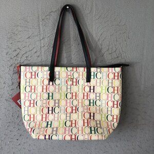 Carolina Herrera Tote Bag Womens CHHC Print Canvas Lined Pockets Handbag Purse